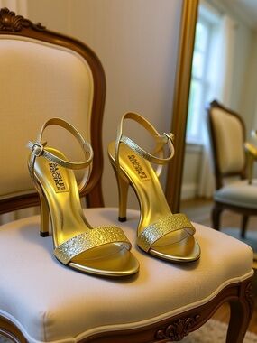 Badgley Mischka Gold Glitter Strap Stiletto Sandals